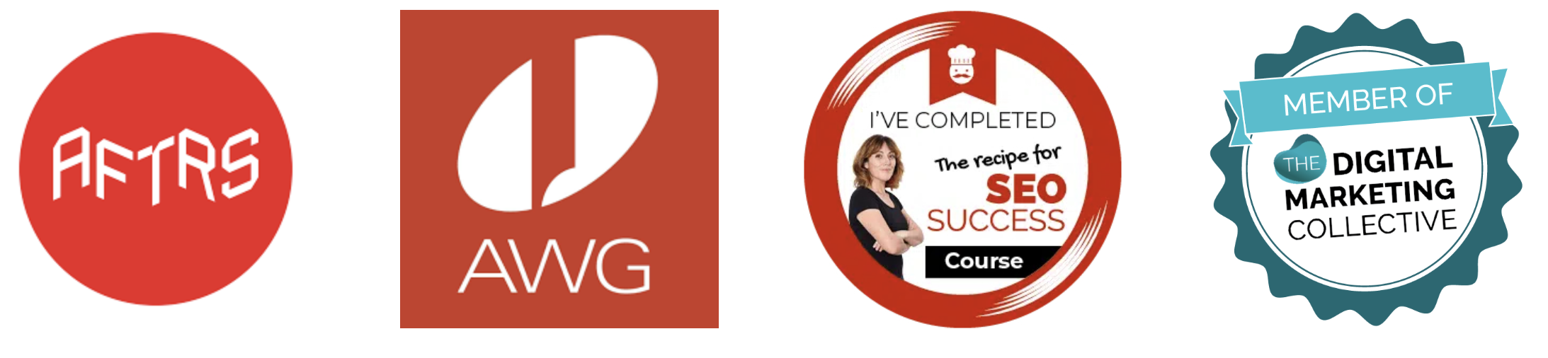 red after circle logo, awg square logo, red the recipe for SEO success logo and member of the digital marketing collective blue logo
